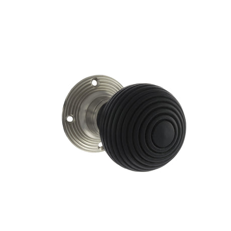Quality image of Old English Whitby Ebony Wood Reeded Beehive Mortice Knob on Face Fix Rose - Satin Nickel | Sku. oe60rremksn | available from Trade Door Handles.