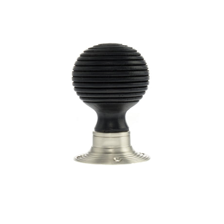 Quality image of Old English Whitby Ebony Wood Reeded Beehive Mortice Knob on Face Fix Rose - Satin Nickel | Sku. oe60rremksn | available from Trade Door Handles.
