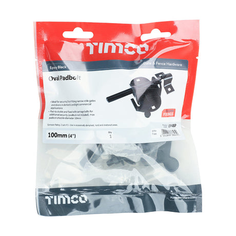 This is an image of Timco - Oval Padbolt - Black 4" (1 Each TIMbag) OP4BP