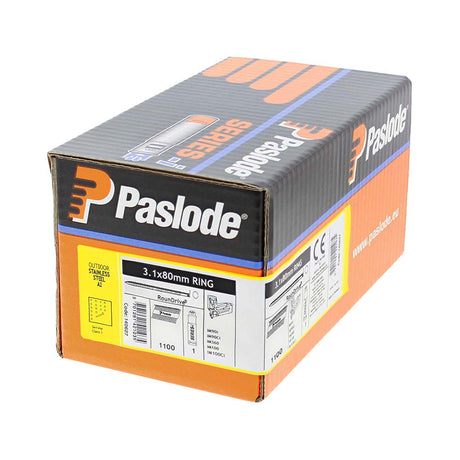 This is an image of Paslode IM360Ci Nails & Fuel Cells Retail Pack - Ring Shank - Stainless Steel - 140627 3.1 x 80mm/1CFC (1100 PCS Box) PAS140627