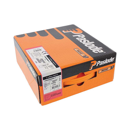 This is an image of Paslode IM350+ Nails & Fuel Cells Trade Pack - Plain Shank - Hot Dipped Galvanised - 141235 3.1 x 90mm/2CFC (2200 PCS Box) PAS141235