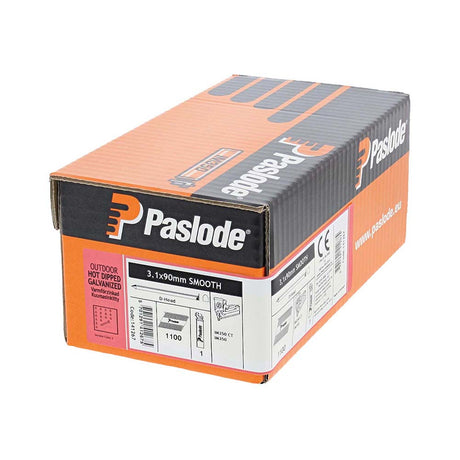 This is an image of Paslode IM350+ Nails & Fuel Cells Retail Pack - Plain Shank - Hot Dipped Galvanised - 141267 3.1 x 90mm/1CFC (1100 PCS Box) PAS141267
