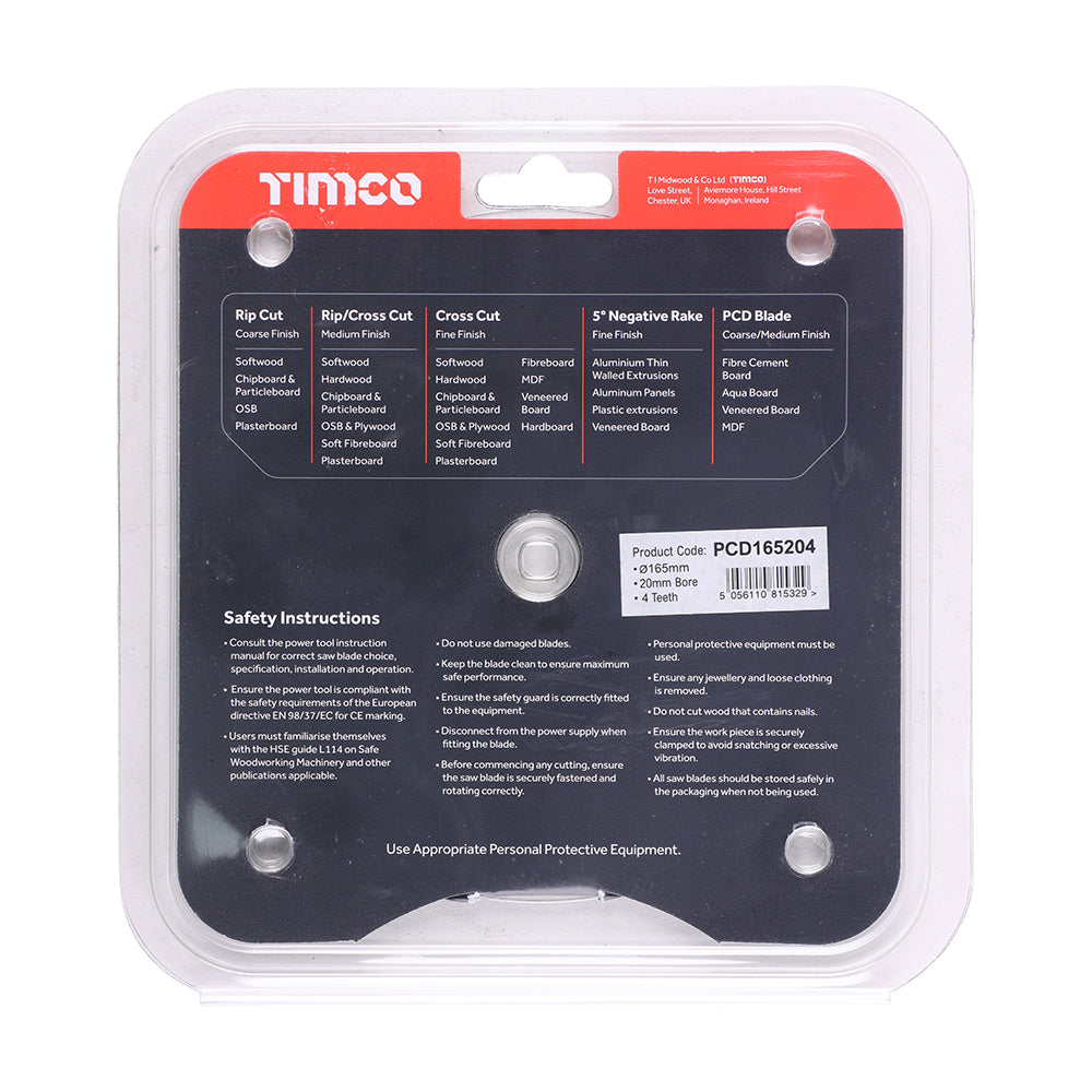 This is an image of Timco - PCD Fibre Cement Saw Blade 165 x 20 x 4T (1 Each Clamshell) PCD165204