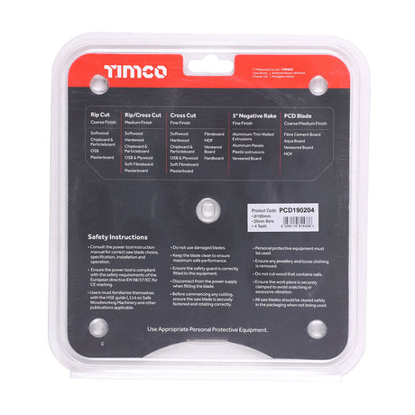 This is an image of Timco - PCD Fibre Cement Saw Blade 190 x 20 x 4T (1 Each Clamshell) PCD190204