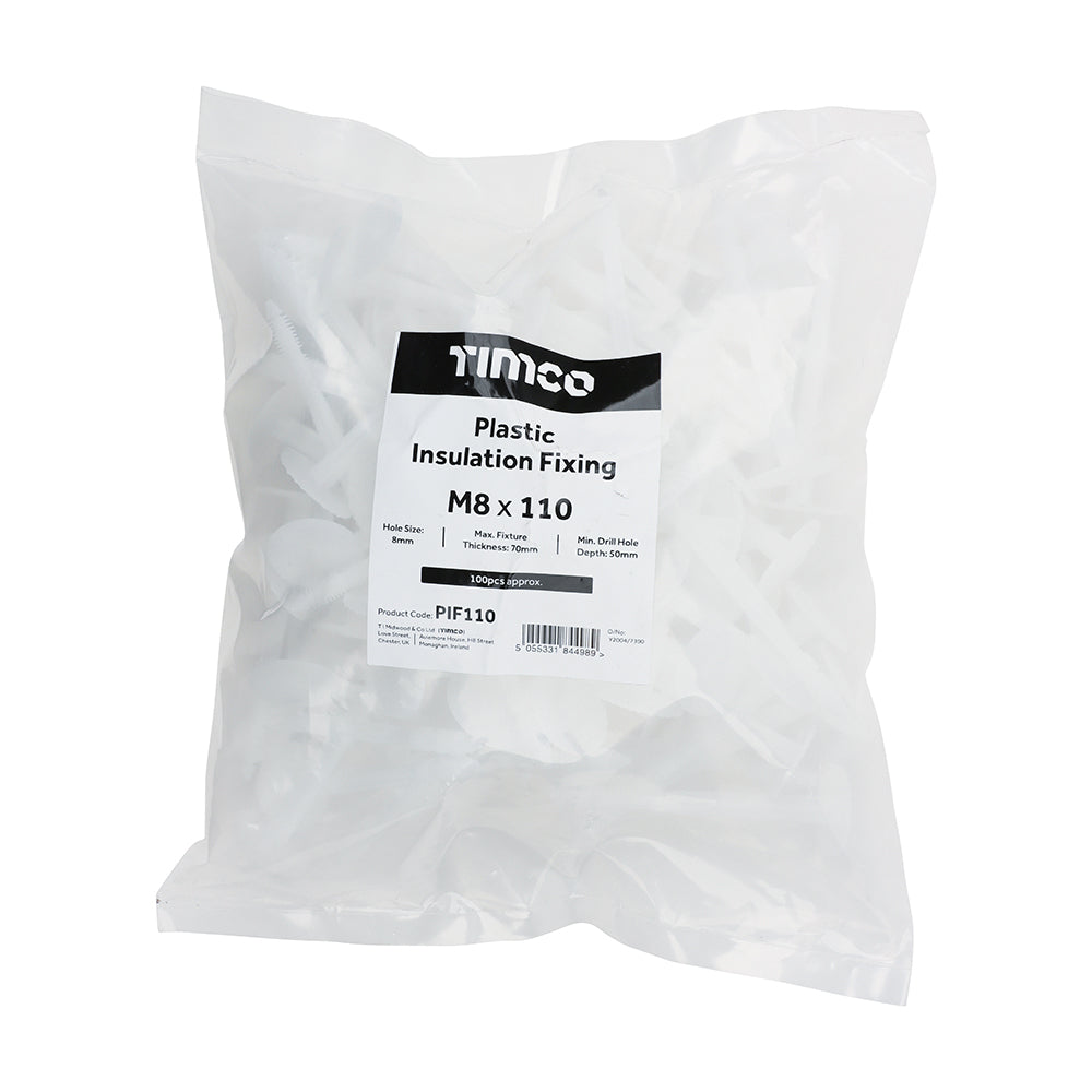 This is an image of Timco - Plastic Insulation Fixings - White 8.0 x 110mm - (100 PCS Bag) PIF110
