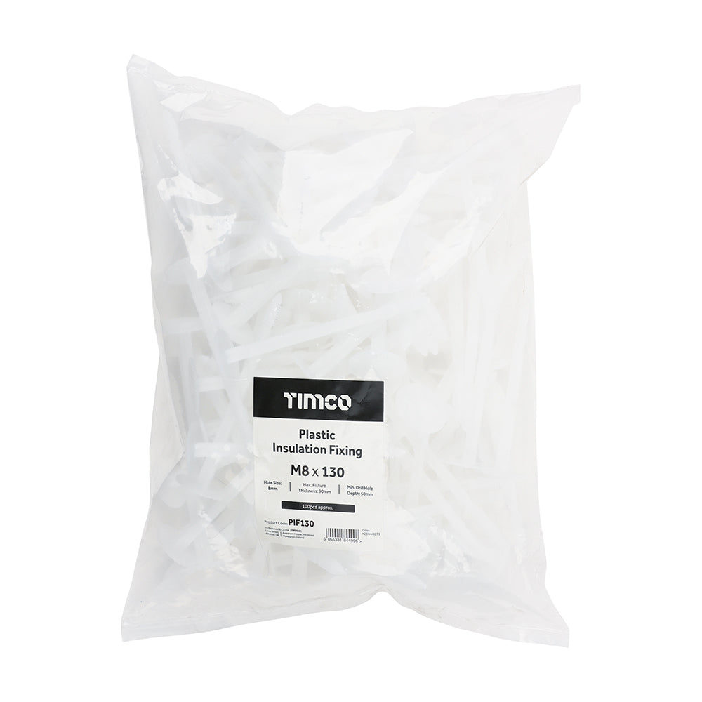 This is an image of Timco - Plastic Insulation Fixings - White 8.0 x 130mm - (100 PCS Bag) PIF130