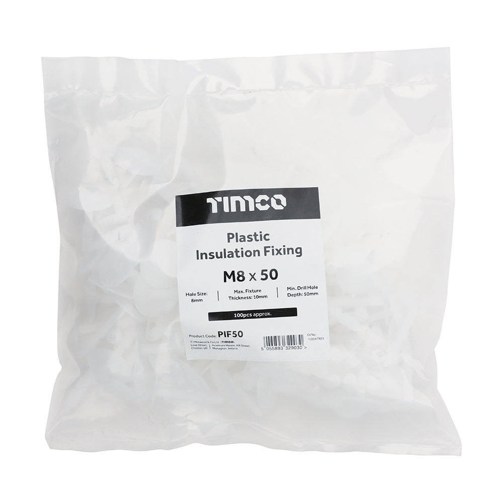 This is an image of Timco - Plastic Insulation Fixings - White 8.0 x 50mm - (100 PCS Bag) PIF50