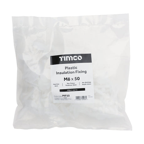This is an image of Timco - Plastic Insulation Fixings - White 8.0 x 50mm - (100 PCS Bag) PIF50