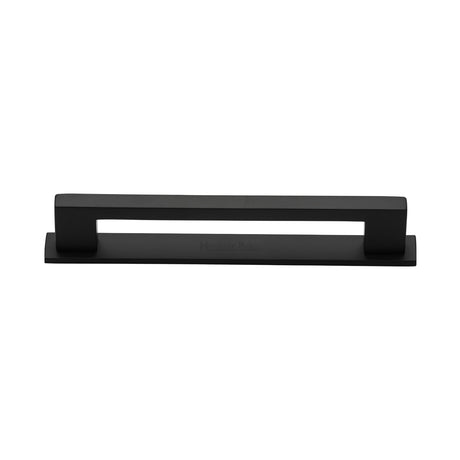 High quality image of the Heritage Brass Cabinet Pull Metro Design with Plate 128mm CTC Matt Black Finish | Sku. pl0337-128-bkmt | Discounted prices available from Trade Door Handles