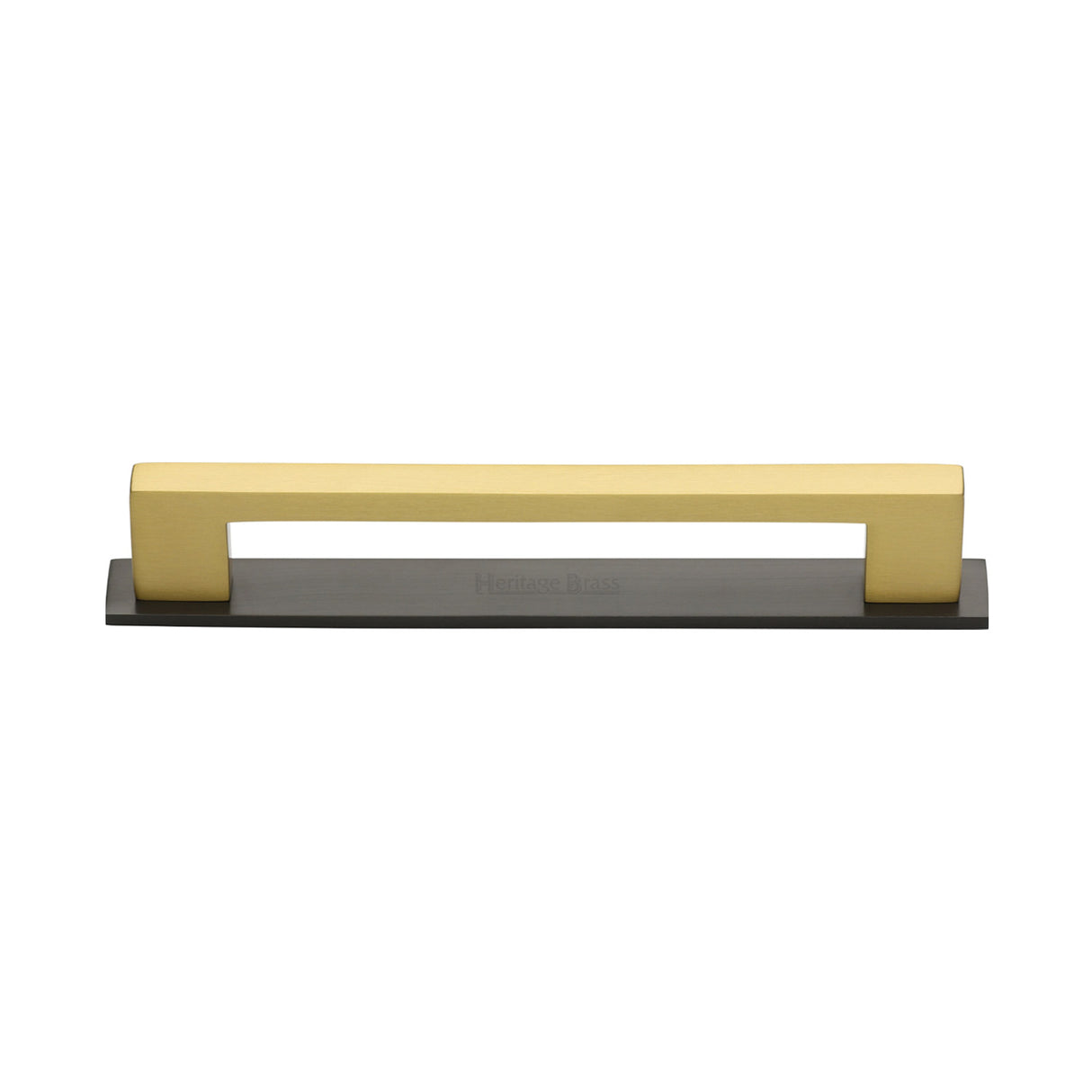 High quality image of the Heritage Brass Cabinet Pull Metro Design with Plate 128mm CTC Matt Bronze/Satin Brass Finish | Sku. pl0337-128-bsb | Discounted prices available from Trade Door Handles