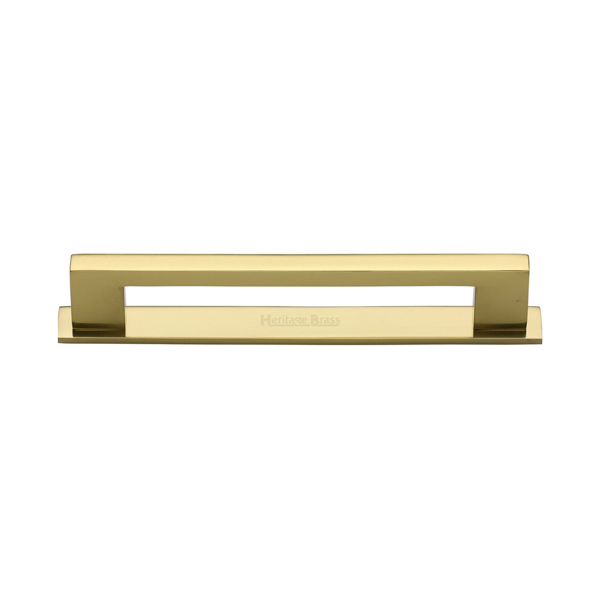 High quality image of the Heritage Brass Cabinet Pull Metro Design with Plate 128mm CTC Polished Brass Finish | Sku. pl0337-128-pb | Discounted prices available from Trade Door Handles