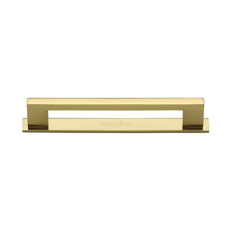 High quality image of the Heritage Brass Cabinet Pull Metro Design with Plate 128mm CTC Polished Brass Finish | Sku. pl0337-128-pb | Discounted prices available from Trade Door Handles
