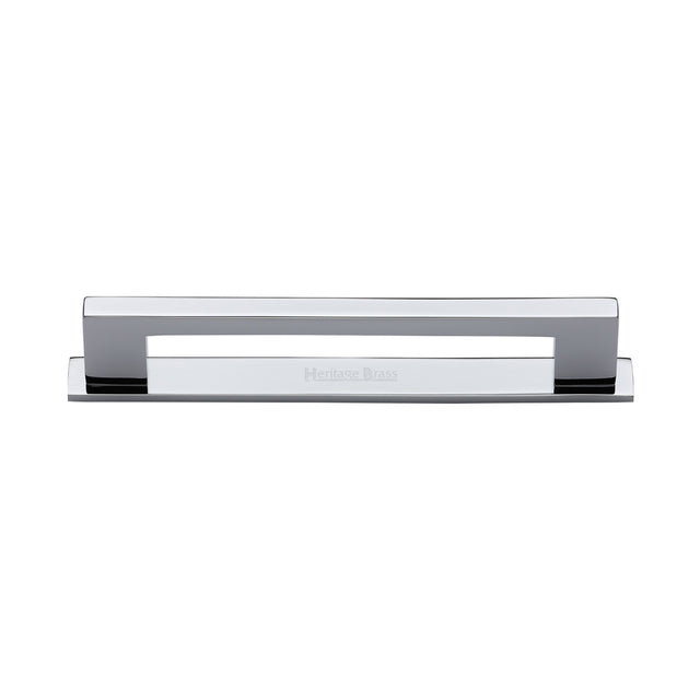 High quality image of the Heritage Brass Cabinet Pull Metro Design with Plate 128mm CTC Polished Chrome Finish | Sku. pl0337-128-pc | Discounted prices available from Trade Door Handles
