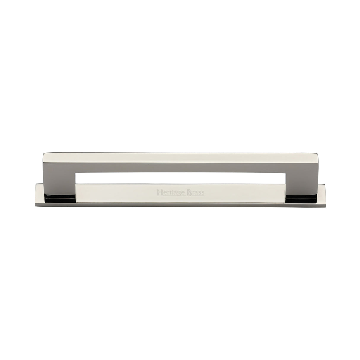 High quality image of the Heritage Brass Cabinet Pull Metro Design with Plate 128mm CTC Polished Nickel Finish | Sku. pl0337-128-pnf | Discounted prices available from Trade Door Handles