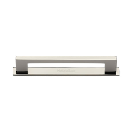 High quality image of the Heritage Brass Cabinet Pull Metro Design with Plate 128mm CTC Polished Nickel Finish | Sku. pl0337-128-pnf | Discounted prices available from Trade Door Handles