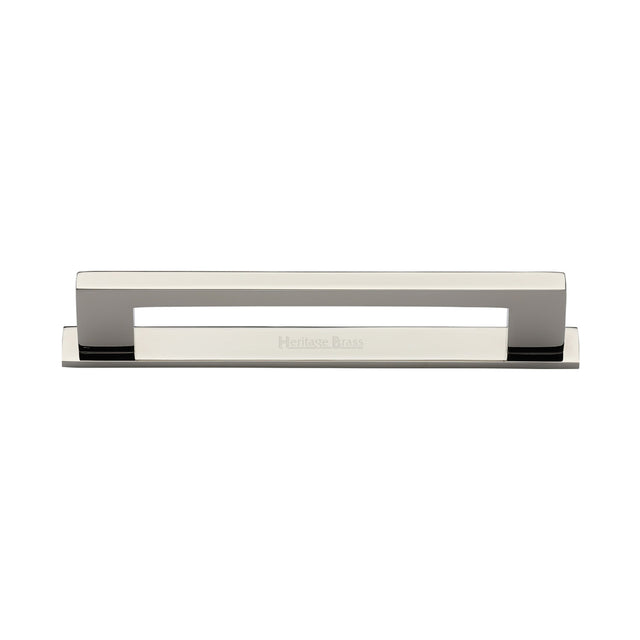 High quality image of the Heritage Brass Cabinet Pull Metro Design with Plate 128mm CTC Polished Nickel Finish | Sku. pl0337-128-pnf | Discounted prices available from Trade Door Handles