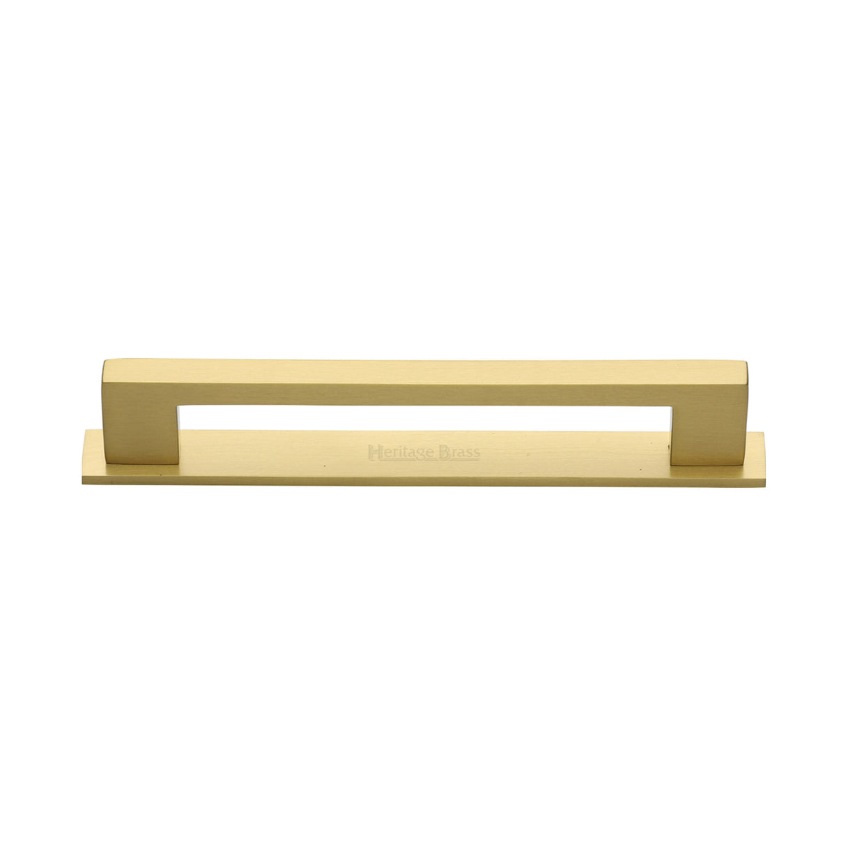 High quality image of the Heritage Brass Cabinet Pull Metro Design with Plate 128mm CTC Satin Brass Finish | Sku. pl0337-128-sb | Discounted prices available from Trade Door Handles