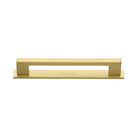High quality image of the Heritage Brass Cabinet Pull Metro Design with Plate 128mm CTC Satin Brass Finish | Sku. pl0337-128-sb | Discounted prices available from Trade Door Handles