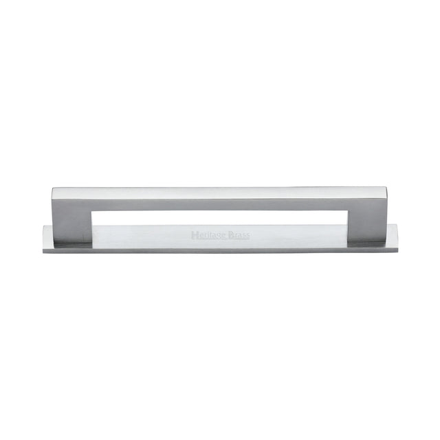 High quality image of the Heritage Brass Cabinet Pull Metro Design with Plate 128mm CTC Satin Chrome Finish | Sku. pl0337-128-sc | Discounted prices available from Trade Door Handles