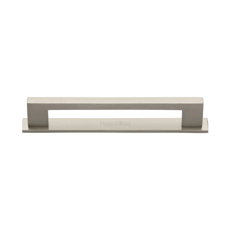 High quality image of the Heritage Brass Cabinet Pull Metro Design with Plate 128mm CTC Satin Nickel Finish | Sku. pl0337-128-sn | Discounted prices available from Trade Door Handles