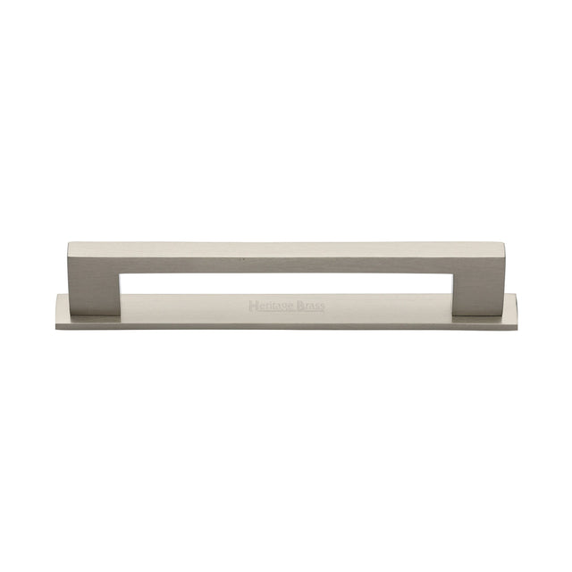 High quality image of the Heritage Brass Cabinet Pull Metro Design with Plate 128mm CTC Satin Nickel Finish | Sku. pl0337-128-sn | Discounted prices available from Trade Door Handles