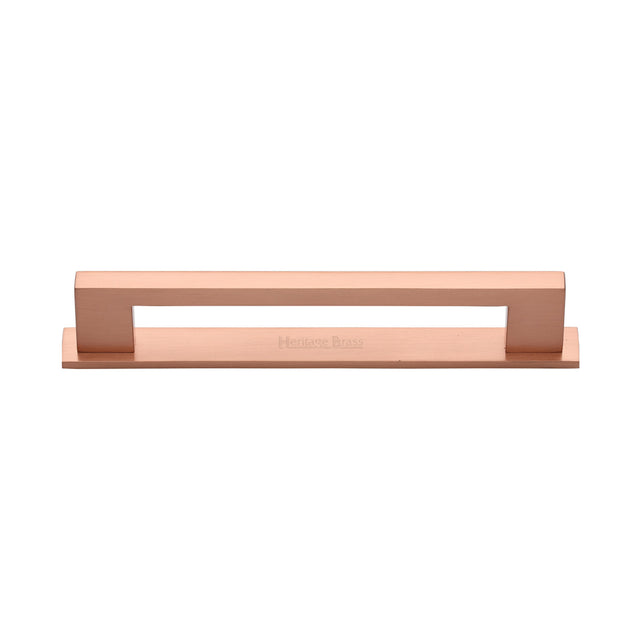 High quality image of the Heritage Brass Cabinet Pull Metro Design with Plate 128mm CTC Satin Rose Gold Finish | Sku. pl0337-128-srg | Discounted prices available from Trade Door Handles