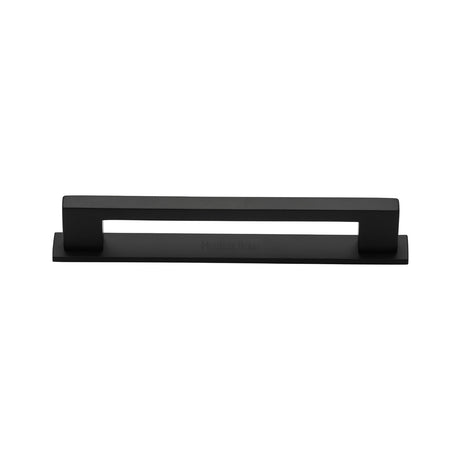 High quality image of the Heritage Brass Cabinet Pull Metro Design with Plate 96mm CTC Matt Black Finish | Sku. pl0337-96-bkmt | Discounted prices available from Trade Door Handles