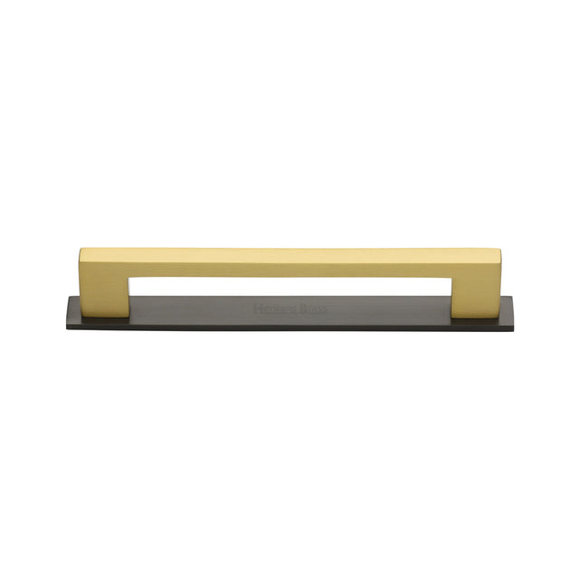 High quality image of the Heritage Brass Cabinet Pull Metro Design with Plate 96mm CTC Matt Bronze/Satin Brass Finish | Sku. pl0337-96-bsb | Discounted prices available from Trade Door Handles