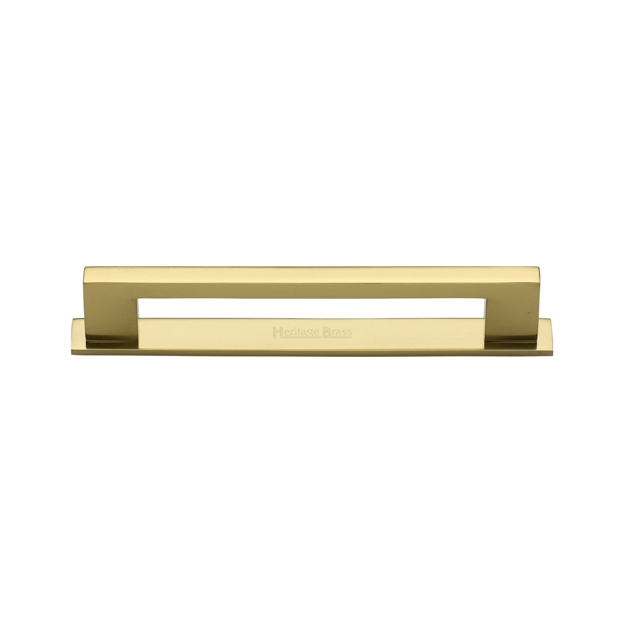 High quality image of the Heritage Brass Cabinet Pull Metro Design with Plate 96mm CTC Polished Brass Finish | Sku. pl0337-96-pb | Discounted prices available from Trade Door Handles