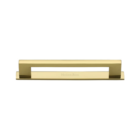 High quality image of the Heritage Brass Cabinet Pull Metro Design with Plate 96mm CTC Polished Brass Finish | Sku. pl0337-96-pb | Discounted prices available from Trade Door Handles