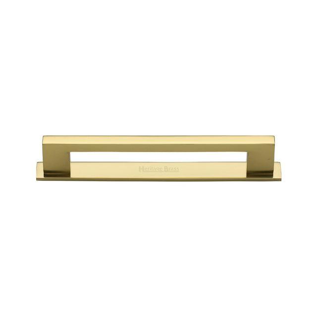 High quality image of the Heritage Brass Cabinet Pull Metro Design with Plate 96mm CTC Polished Brass Finish | Sku. pl0337-96-pb | Discounted prices available from Trade Door Handles