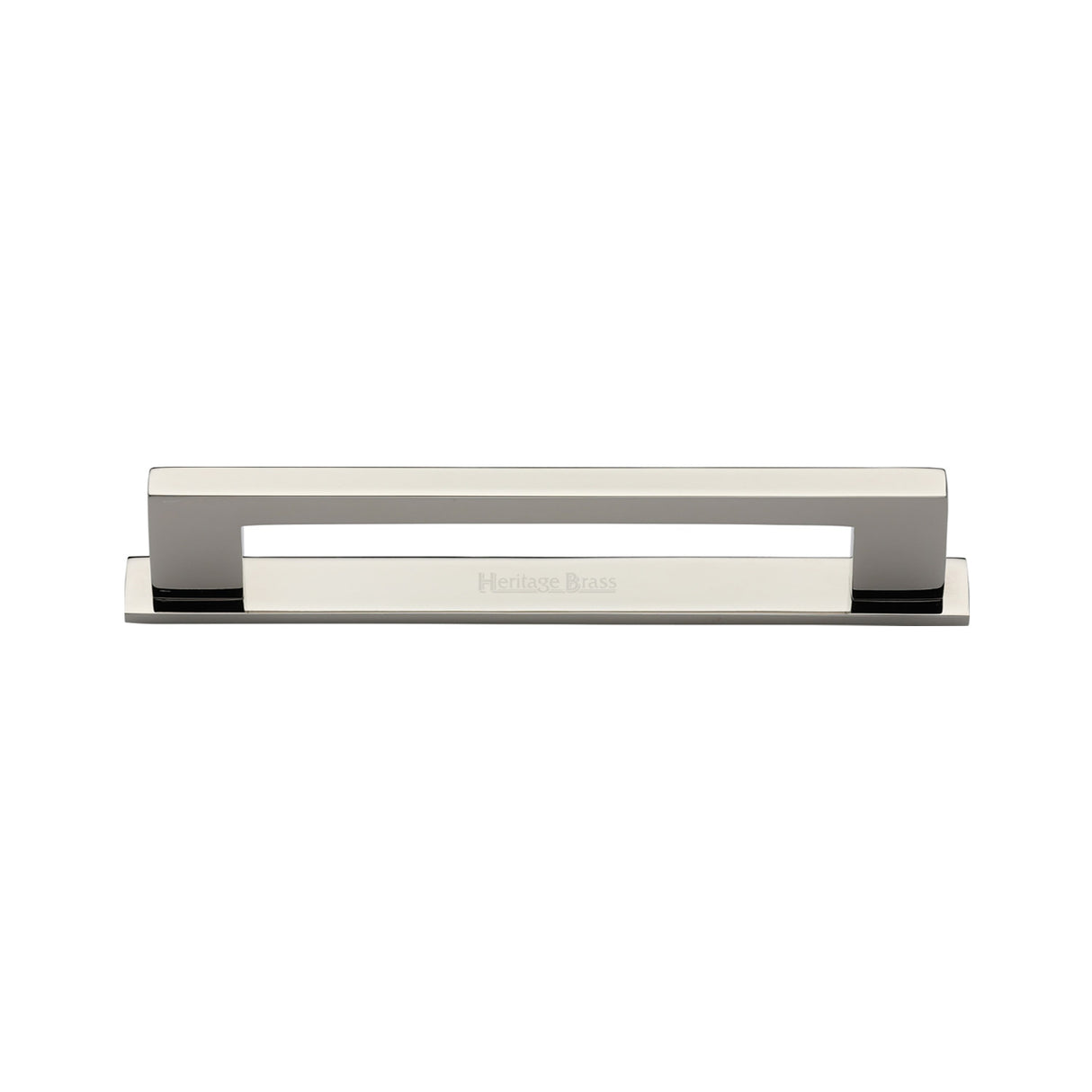 High quality image of the Heritage Brass Cabinet Pull Metro Design with Plate 96mm CTC Polished Nickel Finish | Sku. pl0337-96-pnf | Discounted prices available from Trade Door Handles