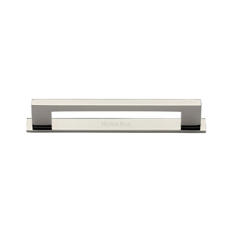 High quality image of the Heritage Brass Cabinet Pull Metro Design with Plate 96mm CTC Polished Nickel Finish | Sku. pl0337-96-pnf | Discounted prices available from Trade Door Handles