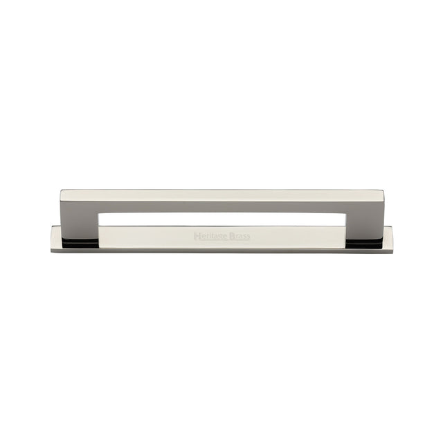 High quality image of the Heritage Brass Cabinet Pull Metro Design with Plate 96mm CTC Polished Nickel Finish | Sku. pl0337-96-pnf | Discounted prices available from Trade Door Handles