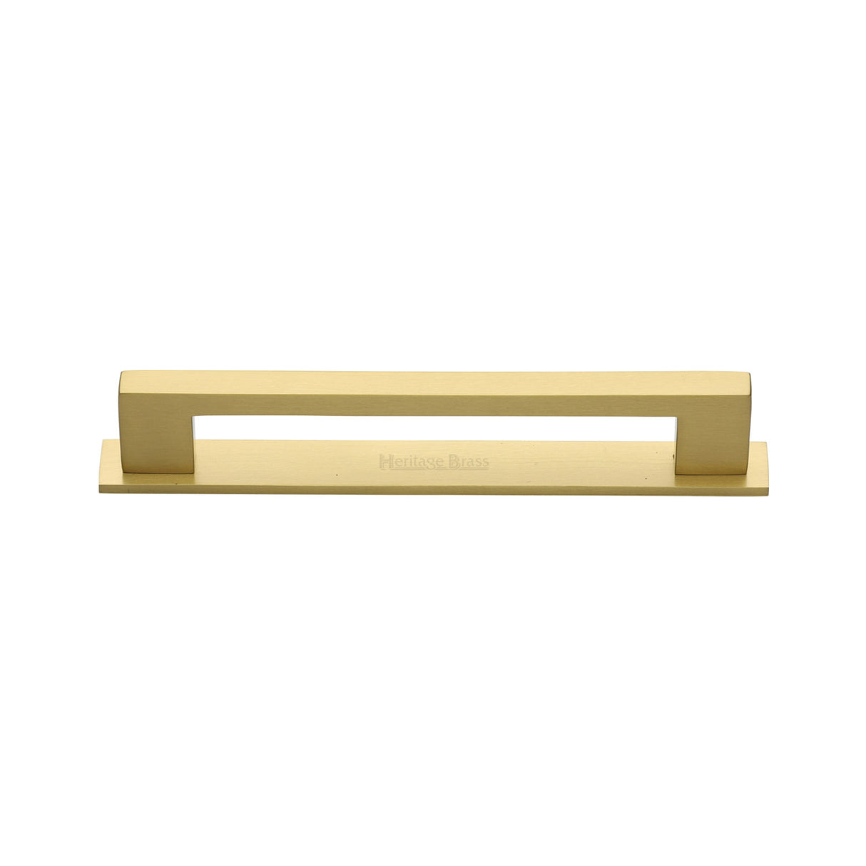 High quality image of the Heritage Brass Cabinet Pull Metro Design with Plate 96mm CTC Satin Brass Finish | Sku. pl0337-96-sb | Discounted prices available from Trade Door Handles