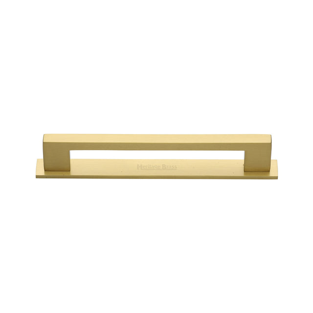 High quality image of the Heritage Brass Cabinet Pull Metro Design with Plate 96mm CTC Satin Brass Finish | Sku. pl0337-96-sb | Discounted prices available from Trade Door Handles