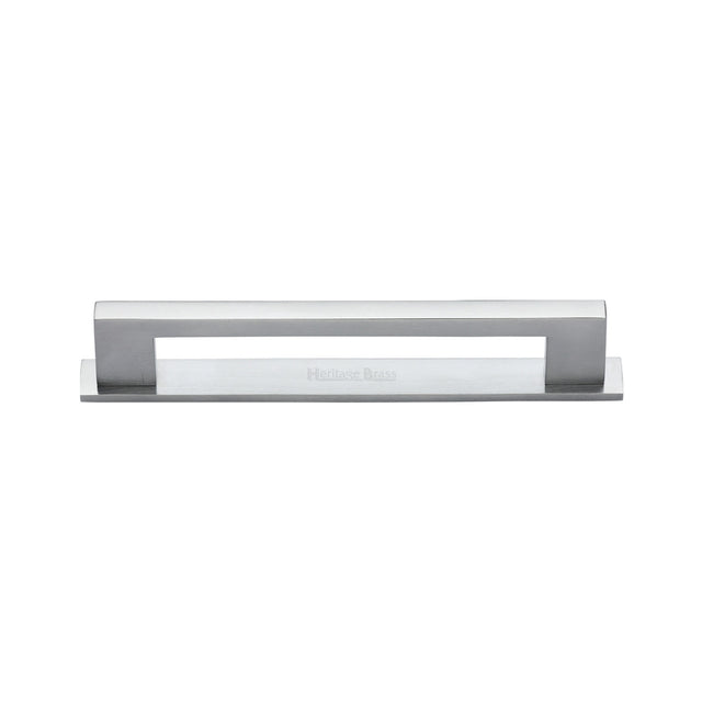 High quality image of the Heritage Brass Cabinet Pull Metro Design with Plate 96mm CTC Satin Chrome Finish | Sku. pl0337-96-sc | Discounted prices available from Trade Door Handles