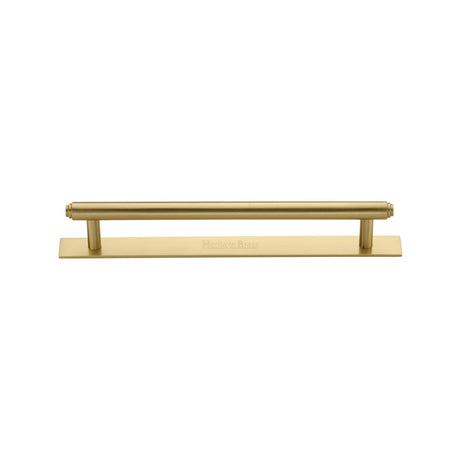 High quality image of the Heritage Brass Cabinet Pull Step Design with Plate 128mm CTC Satin Brass Finish | Sku. pl4410-128-sb | Discounted prices available from Trade Door Handles