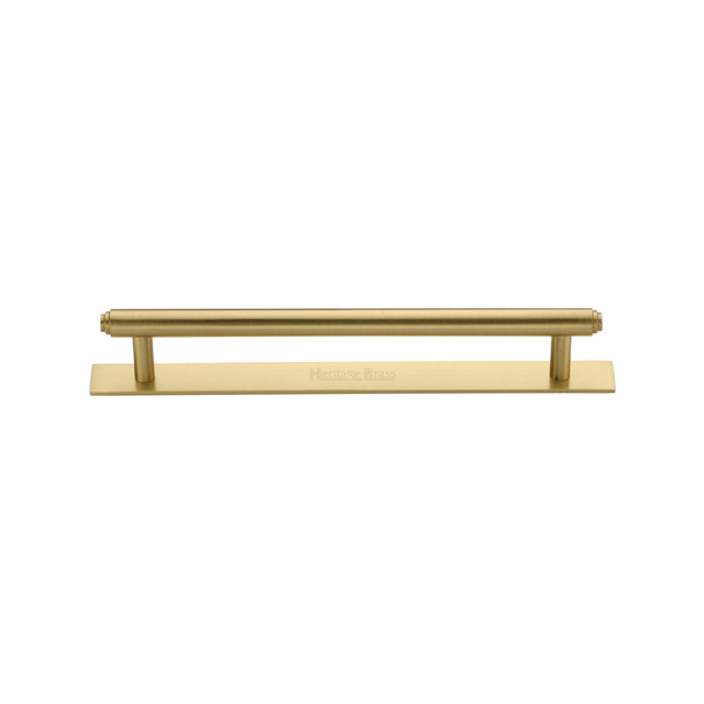 High quality image of the Heritage Brass Cabinet Pull Step Design with Plate 128mm CTC Satin Brass Finish | Sku. pl4410-128-sb | Discounted prices available from Trade Door Handles