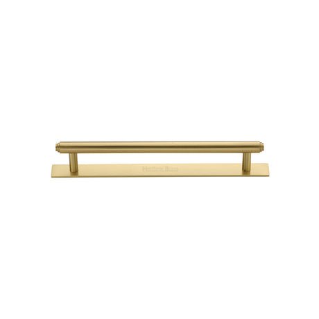 High quality image of the Heritage Brass Cabinet Pull Step Design with Plate 96mm CTC Satin Brass Finish | Sku. pl4410-96-sb | Discounted prices available from Trade Door Handles