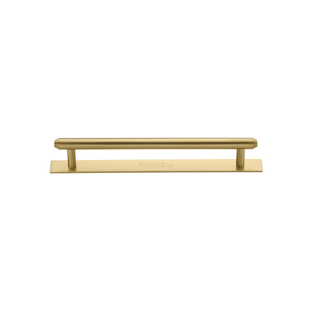 High quality image of the Heritage Brass Cabinet Pull Step Design with Plate 96mm CTC Satin Brass Finish | Sku. pl4410-96-sb | Discounted prices available from Trade Door Handles