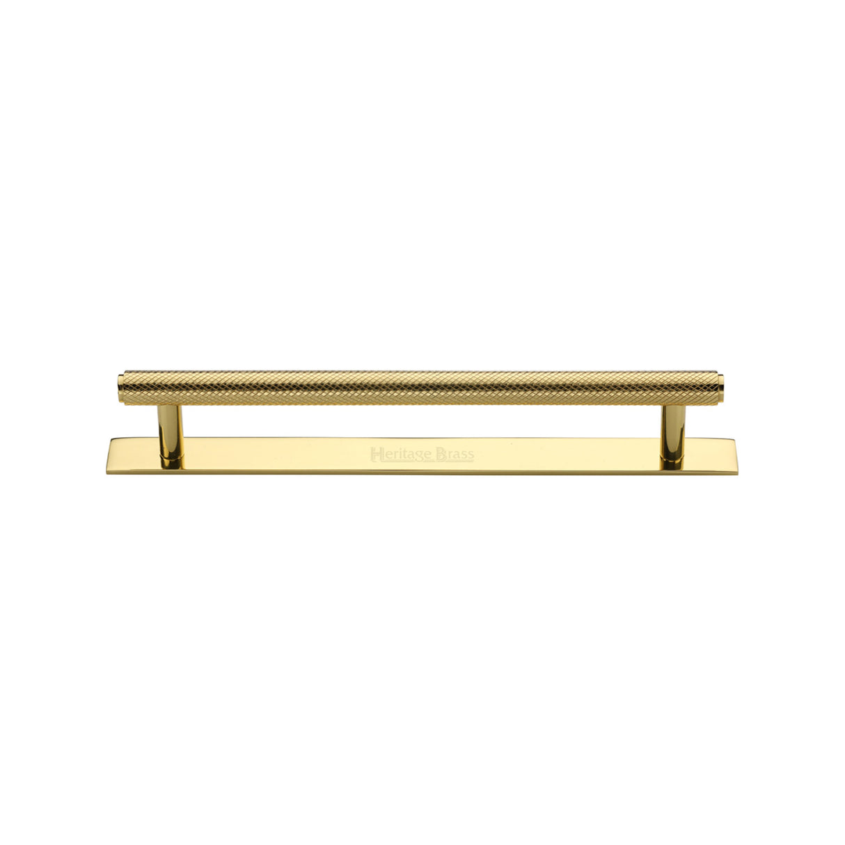 High quality image of the Heritage Brass Cabinet Pull Knurled Design with Plate 128mm CTC Polished Brass Finish | Sku. pl4458-128-pb | Discounted prices available from Trade Door Handles
