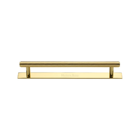 High quality image of the Heritage Brass Cabinet Pull Knurled Design with Plate 128mm CTC Polished Brass Finish | Sku. pl4458-128-pb | Discounted prices available from Trade Door Handles