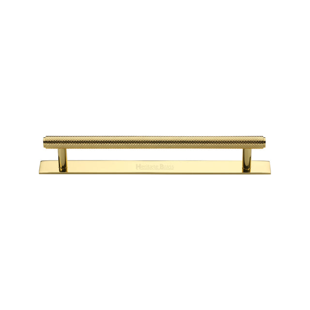 High quality image of the Heritage Brass Cabinet Pull Knurled Design with Plate 128mm CTC Polished Brass Finish | Sku. pl4458-128-pb | Discounted prices available from Trade Door Handles