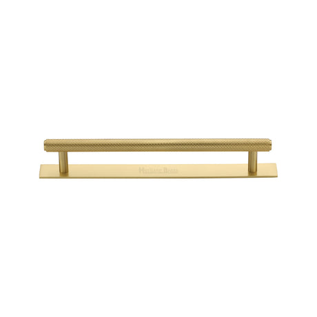 High quality image of the Heritage Brass Cabinet Pull Knurled Design with Plate 128mm CTC Satin Brass Finish | Sku. pl4458-128-sb | Discounted prices available from Trade Door Handles