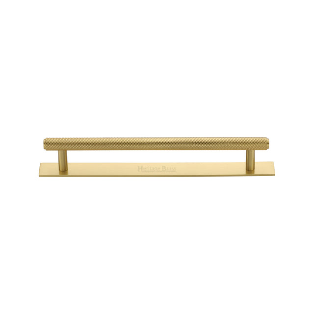 High quality image of the Heritage Brass Cabinet Pull Knurled Design with Plate 128mm CTC Satin Brass Finish | Sku. pl4458-128-sb | Discounted prices available from Trade Door Handles