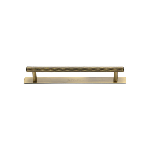 High quality image of the Heritage Brass Cabinet Pull Knurled Design with Plate 96mm CTC Antique Brass Finish | Sku. pl4458-96-at | Discounted prices available from Trade Door Handles