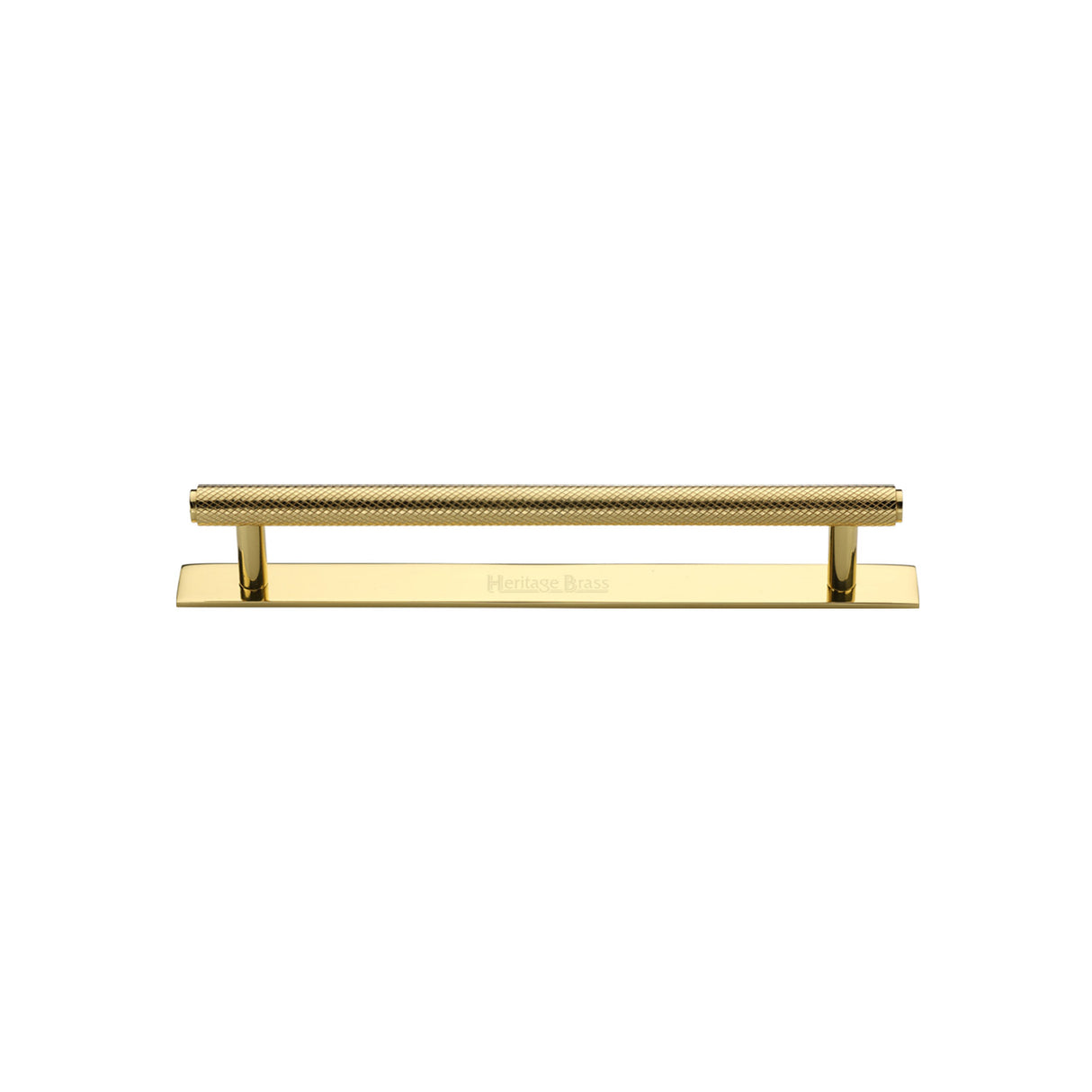 High quality image of the Heritage Brass Cabinet Pull Knurled Design with Plate 96mm CTC Polished Brass Finish | Sku. pl4458-96-pb | Discounted prices available from Trade Door Handles