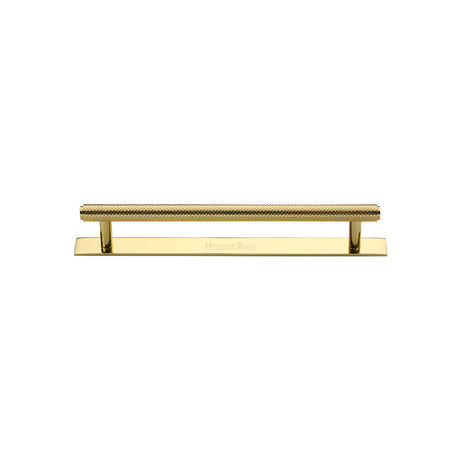 High quality image of the Heritage Brass Cabinet Pull Knurled Design with Plate 96mm CTC Polished Brass Finish | Sku. pl4458-96-pb | Discounted prices available from Trade Door Handles