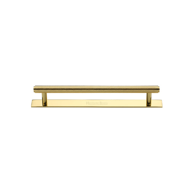 High quality image of the Heritage Brass Cabinet Pull Knurled Design with Plate 96mm CTC Polished Brass Finish | Sku. pl4458-96-pb | Discounted prices available from Trade Door Handles